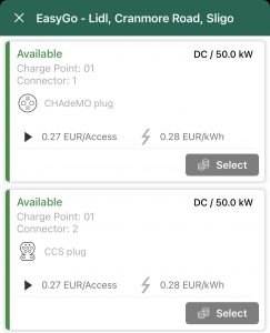 EasyGo app screenshot that features Sligo Lidl charging points