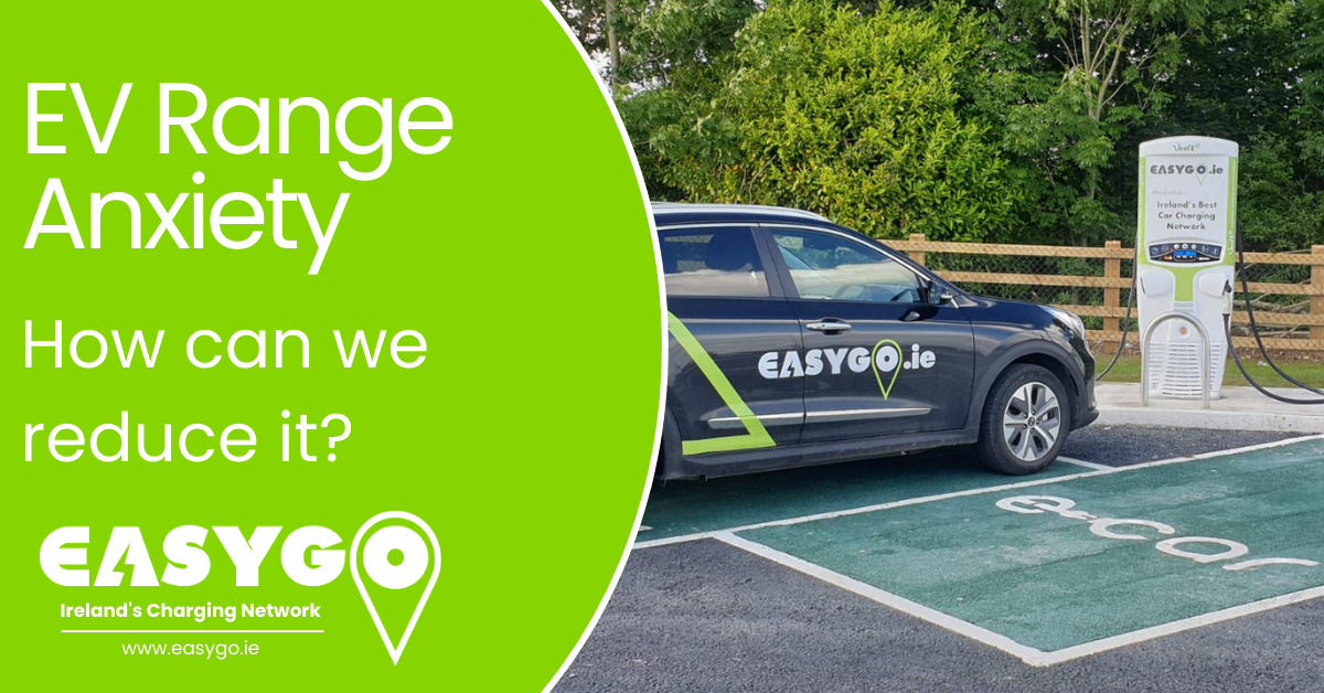 EV Range Anxiety - how can we reduce it text with an image of an EasyGo car at a charging point