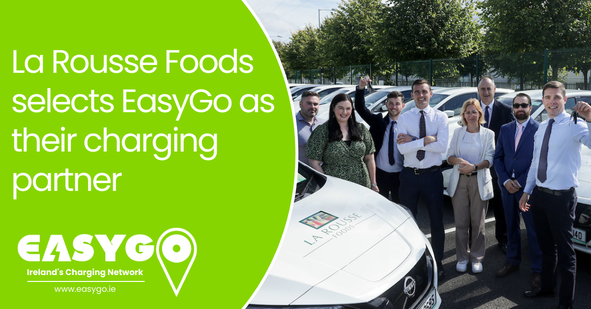 La Rousse Foods selects EasyGo as their charging partner text with an image from partnership event
