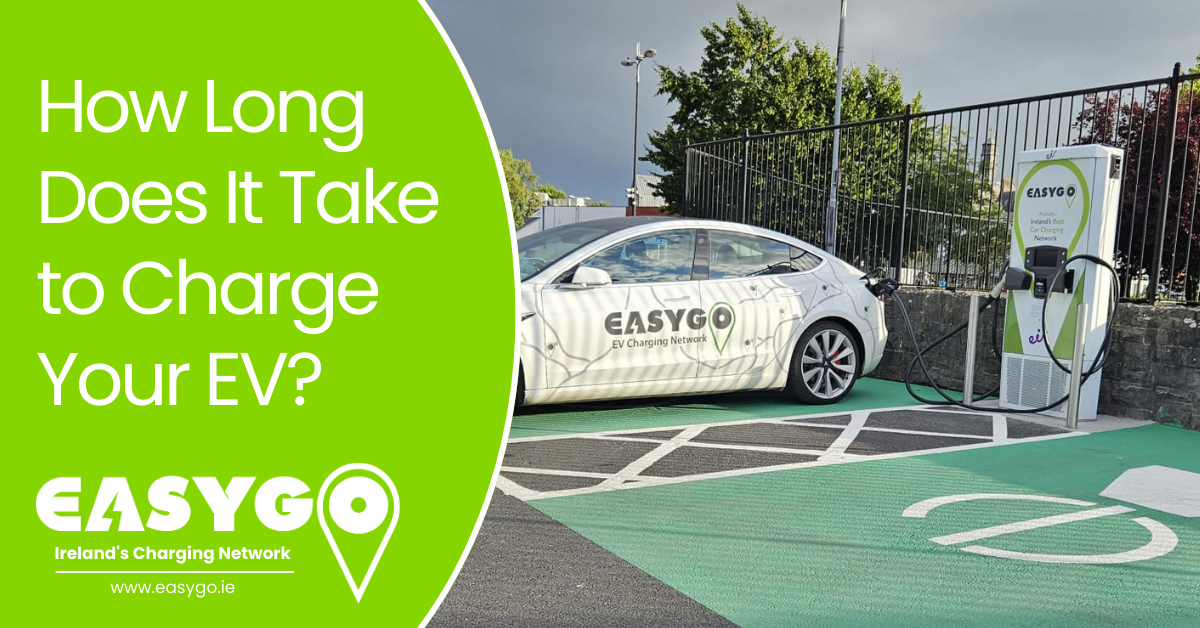 How long does it take to charge your EV text beside an image of an EasyGo EV and EV charger